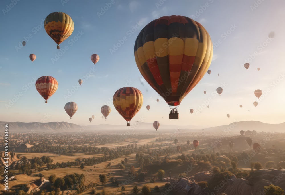 Obraz premium Tourist's view from below of hot air balloons rising, summer, wind