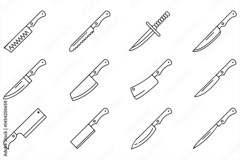 Various Kitchen Knives for Culinary Arts, Outline Black Design Various Kitchen Knives for Culinary Arts, Outline Black Design