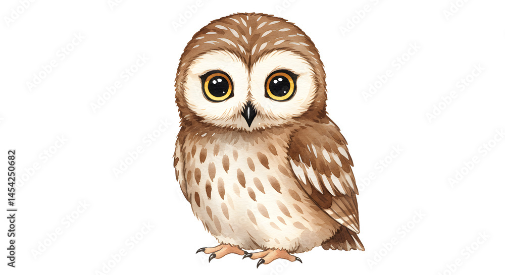 Naklejka premium Adorable watercolor owl illustration with big captivating eyes on white background