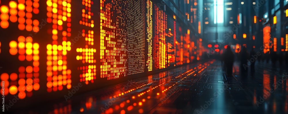 Obraz premium A bustling financial trading floor with glowing digital displays long title A vibrant technology driven exchange floor with colorful digital trading