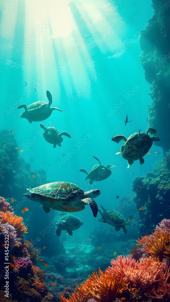 Fototapeta premium Multiple Sea Turtles Gliding Through Crystal-Clear Ocean with Coral Background