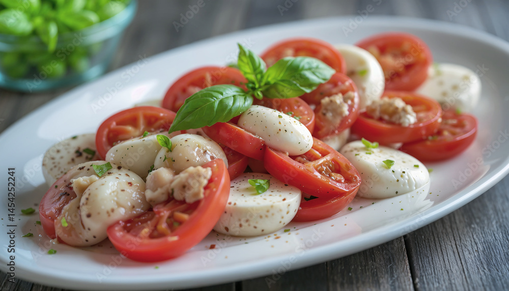 Simple Caprese salad with tomato slices, mozzarella, and basil leaves neatly arranged on a white platter, showcasing fresh and vibrant ingredients. Simple Caprese salad with tomato slices, mozzarella, and basil leaves neatly arranged on a white platter, showcasing fresh and vibrant ingredients.