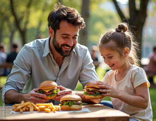 Wallpaper Mural Father and daughter smiling and enjoying burgers together at a table in the park. Torontodigital.ca