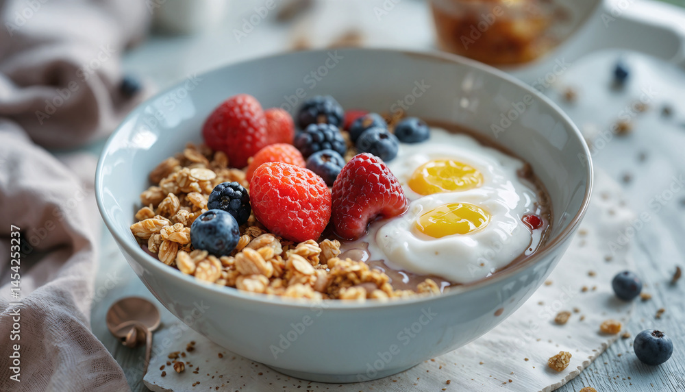 Nutritious breakfast bowl with yogurt, granola, and fruit captured in soft morning light, showcasing a healthy and inviting start to the day. Nutritious breakfast bowl with yogurt, granola, and fruit captured in soft morning light, showcasing a healthy and inviting start to the day.
