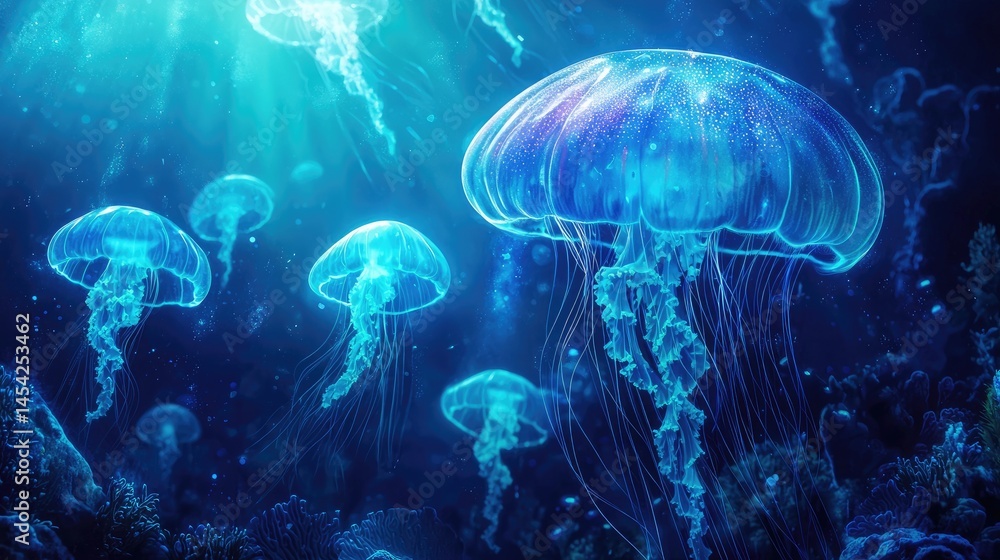 Naklejka premium Submarine spectacle of glowing jellyfish.