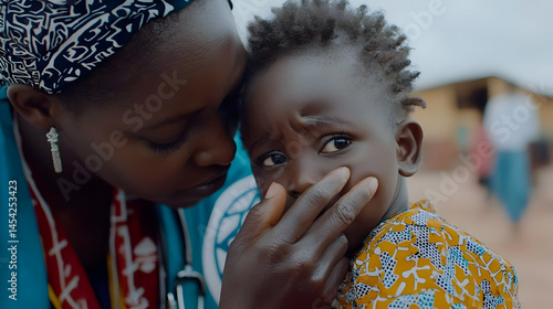 Caring Woman Comforting Crying Child In Rural Village