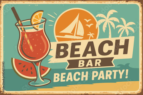 Tropical Beach Bar Poster - Retro Cocktail Party Design with Sailboats and Palm Trees