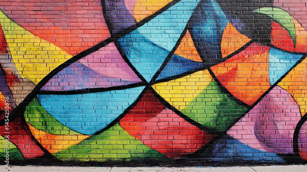 A vibrant graffiti mural on a brick wall with abstract patterns. A vibrant graffiti mural on a brick wall with abstract patterns.
