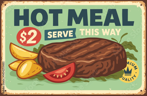 Retro diner food sign with pork loin steak and fries on vintage metal background