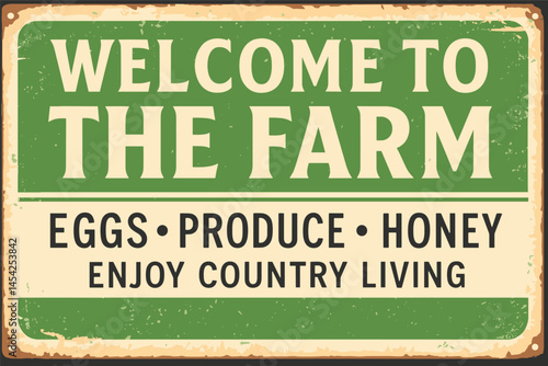 Vintage Farm Sign Design – Creative Typography on Green Metal Background with Retro Vector Illustration