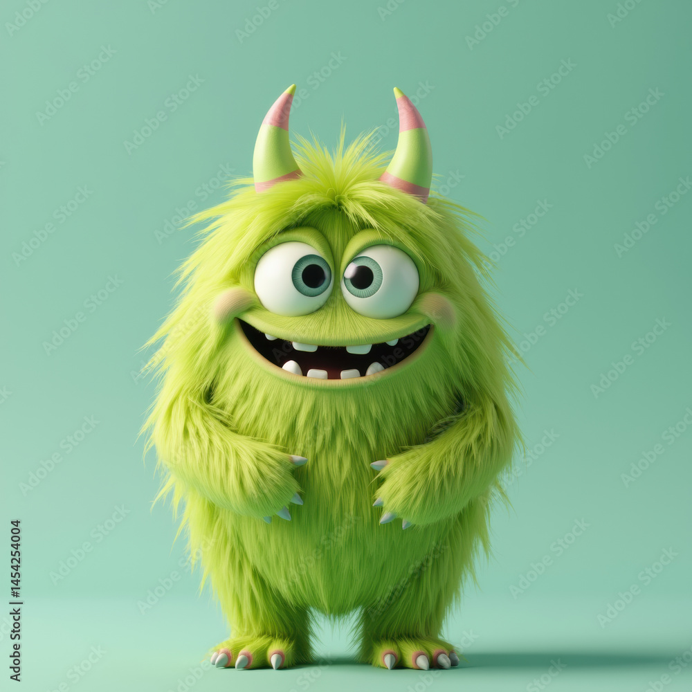 Fluffy green monster with big eyes, smiling cheerfully, showcasing playful features and vibrant colors, perfect for children themes Fluffy green monster with big eyes, smiling cheerfully, showcasing playful features and vibrant colors, perfect for children themes