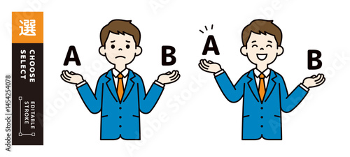 比較する・選ぶ、若いビジネスマンのベクターイラスト素材セット＿線幅の編集可能＿カラー