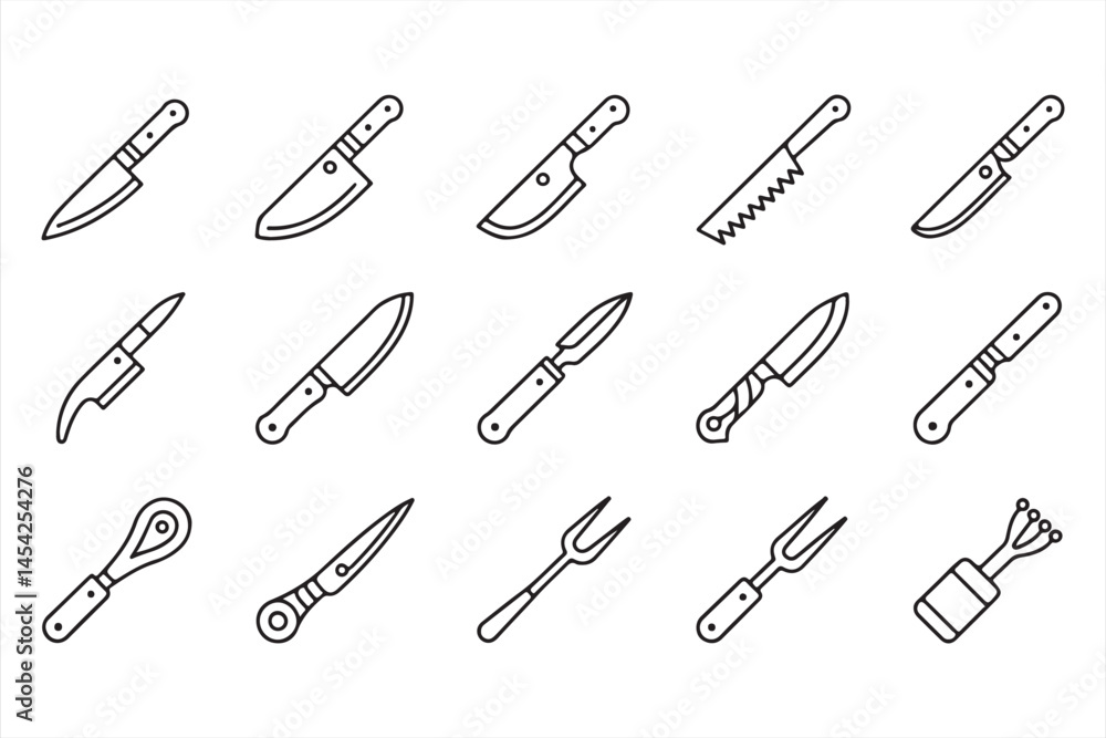 Various Kitchen Knives for Culinary Arts, Outline Black Design Various Kitchen Knives for Culinary Arts, Outline Black Design