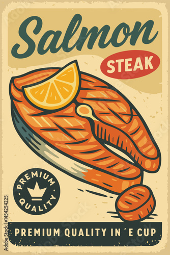 Vintage Salmon Steak Tin Sign – Retro Fish and Seafood Restaurant Advertising Poster with Vector Food Illustration