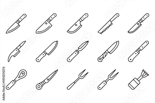 Various Kitchen Knives for Culinary Arts, Outline Black Design
