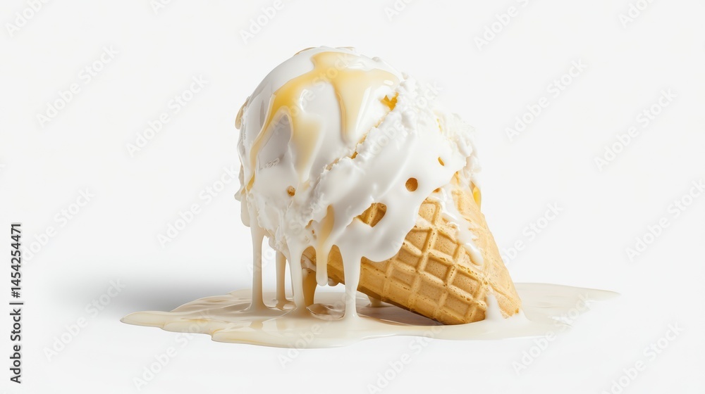 Fototapeta premium Melting Ice Cream Cone with Dripping Cream and Flavor Sauce