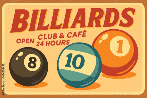 Retro billiard club and café bar sign – colorful vintage vector with classic snooker balls.