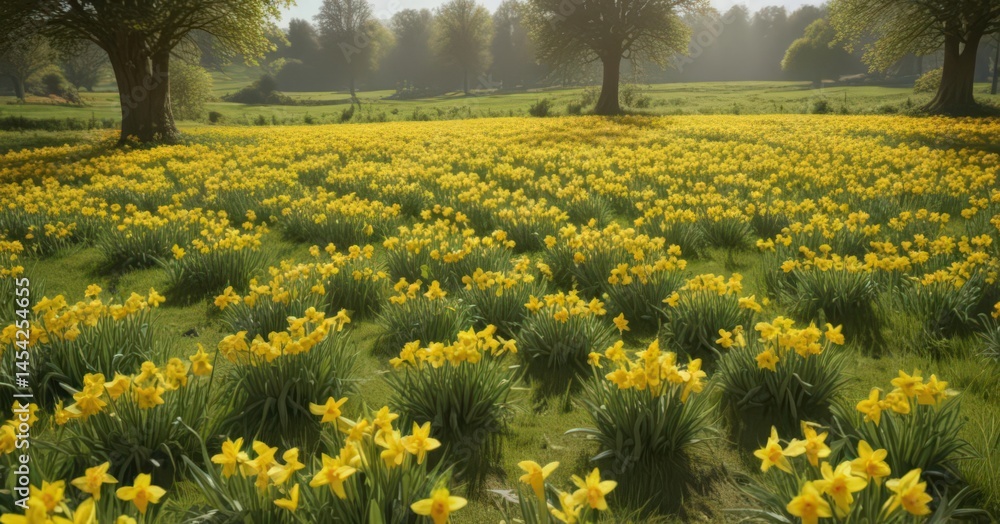 Obraz premium A carpet of cheerful yellow daffodils blankets a vivid green pasture bathed in sunlight , spring, flora