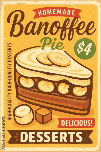 Banoffee Pie Retro Metal Sign – Banana & Toffee Cake Vintage Dessert Poster, Vector Illustration