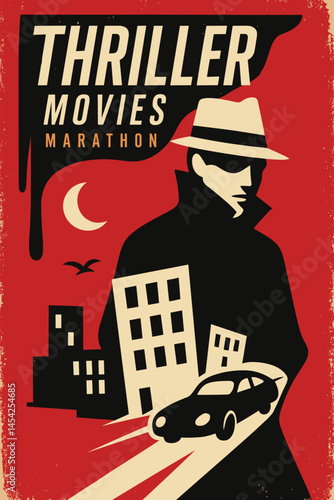 Thriller Movie Show Poster – Secret Agent Silhouette & Night City Scene Vector Template