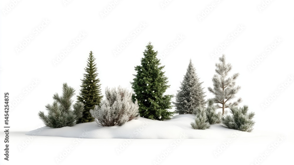 Fototapeta premium Lush Green and Frosted Trees on Snowy Ground in Winter Landscape
