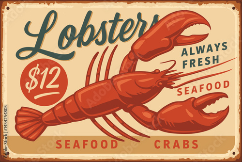 Vintage Seafood Restaurant Sign Template – Lobster and Crab Illustration on Rusty Metal Background for Fish Market Poster Design