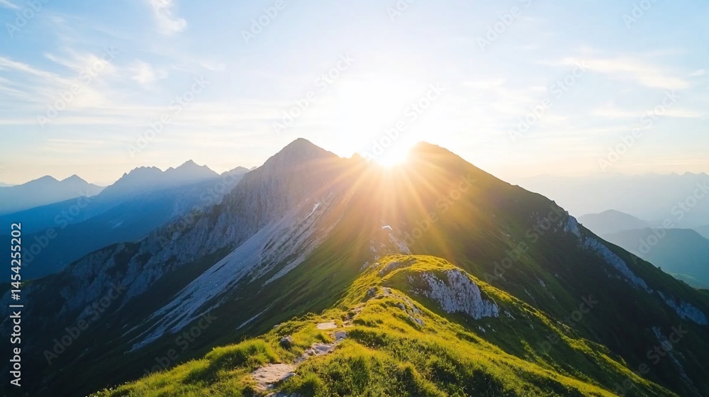 Fototapeta premium Majestic mountain range with golden sun rays shining over peak