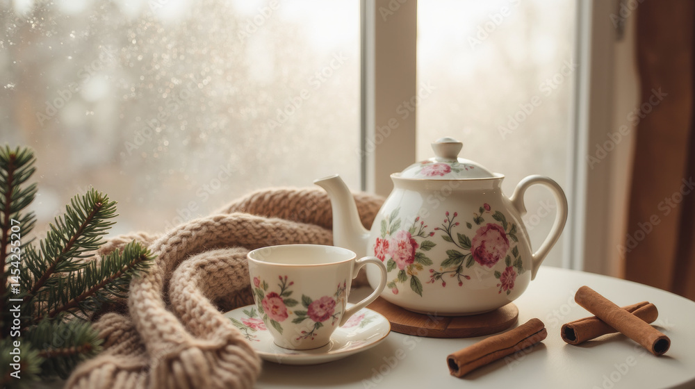 Fototapeta premium cozy tea setup featuring floral teapot and cup, surrounded by warm knitted scarf and cinnamon sticks, evokes comforting atmosphere