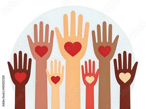 Diverse hands reaching upward with hearts representing love and community support