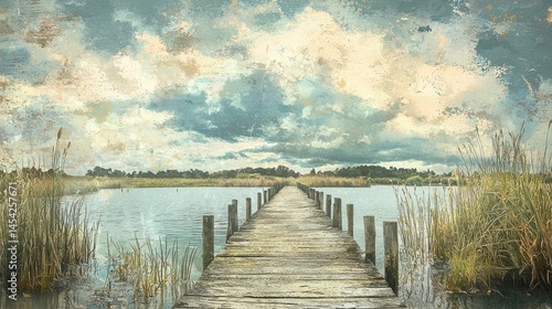 Rustic wooden pier leading to a serene lake.