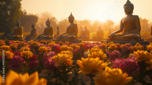 Buddha Jayanti festival at the sacred Lumbini, with golden sunlight illuminating ancient temples. Devotees kneel in meditation amidst a sea of vibrant flower offerings, while monks chant sutras in har