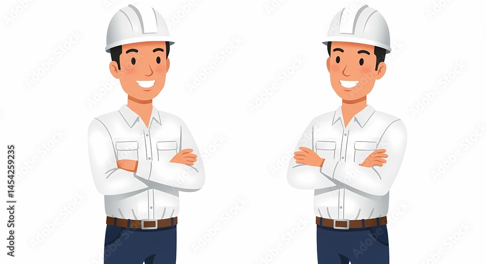 Two Smiling Construction Workers Illustration with Confident Posture and Professional Attire for Safety Awareness and Engineering Projects Two Smiling Construction Workers Illustration with Confident Posture and Professional Attire for Safety Awareness and Engineering Projects