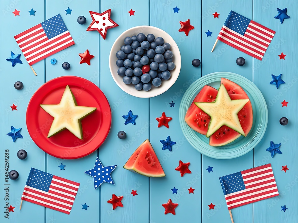 Fototapeta premium Patriotic fourth of july arrangement with fruit and american flag decorations