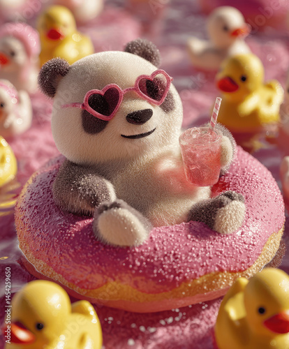 Cute panda relaxing on a pink donut float with heart-shaped sunglasses surrounded by rubber ducks in a playful summer setting
