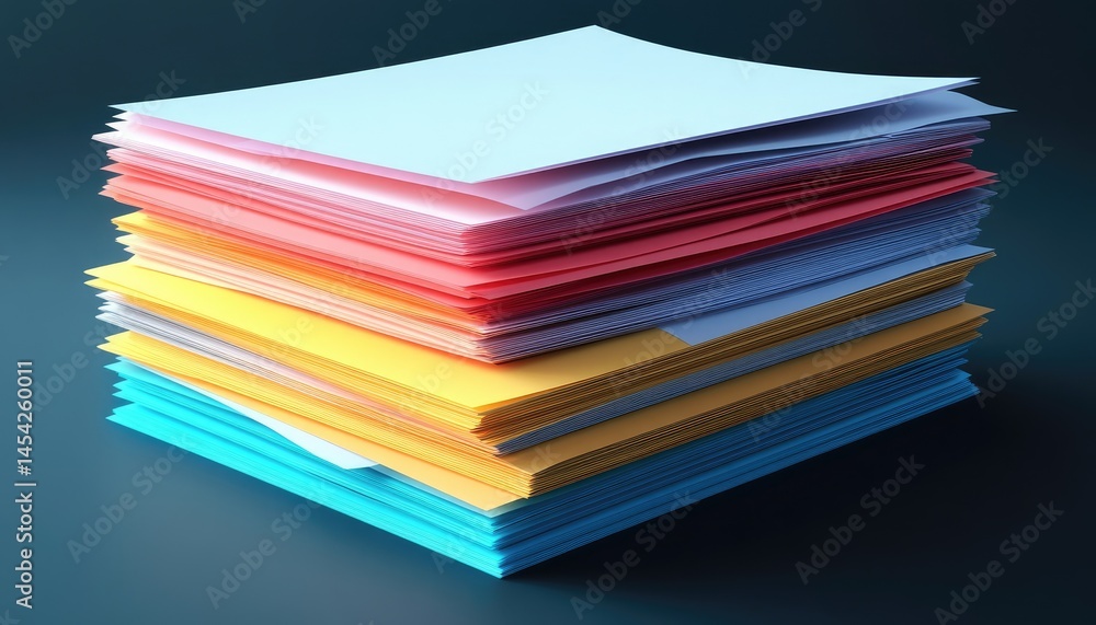 Stack of colorful papers. A vibrant stack of documents in various shades, from light blue to bright yellow, creating a colorful display Stack of colorful papers. A vibrant stack of documents in various shades, from light blue to bright yellow, creating a colorful display