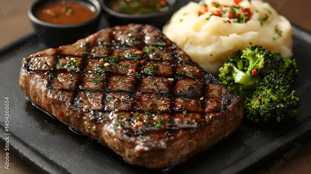 A beautifully grilled steak with sides of mashed potatoes and broccoli offers a complete meal. A beautifully grilled steak with sides of mashed potatoes and broccoli offers a complete meal.