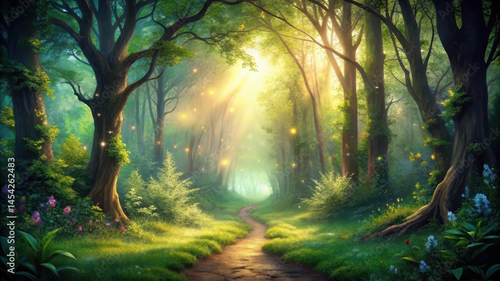 Obraz premium Forest Pathway Under Glow, natural foliage, enchanted forest