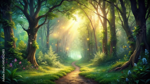Fototapeta Naklejka Na Ścianę i Meble -  Forest Pathway Under Glow, natural foliage, enchanted forest
