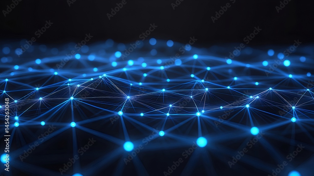 青い光る線とノードが並ぶ抽象的なデジタルネットワークの画像 未来的な背景 青い光る線とノードが並ぶ抽象的なデジタルネットワークの画像 未来的な背景