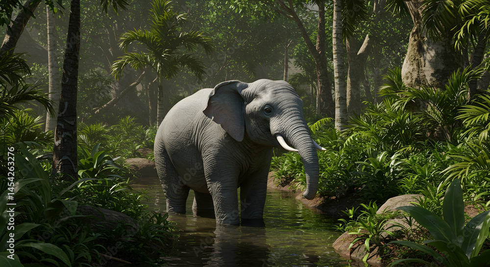 Fototapeta premium Elephant Standing in Serene Jungle Water Surrounded by Lush Greenery