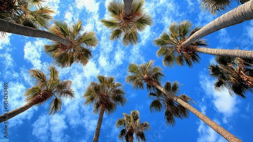picture of palm trees, shot from the ground looking up, photo real, tropical, blue sky