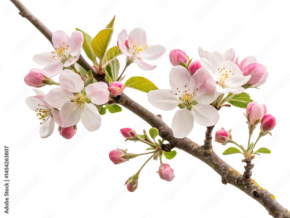 Naklejka premium apple tree branch with pink and white blooming flower buds in spring isolated on white background, PNG