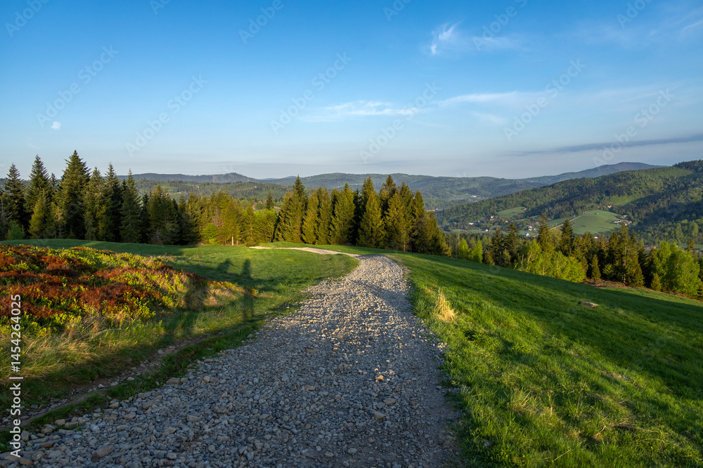 Naklejka premium Mountainous landscape under a sky with clouds on a spring day with a road in the middle