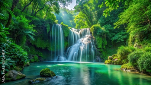 Emerald cascade amidst verdant foliage , cascade, natural,  cascade, natural, serene, forest floor