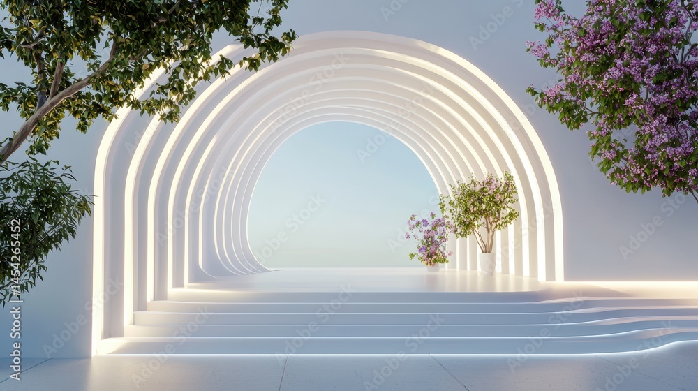 Elegant white archway walkway with glowing lines and trees.