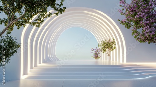 Obraz na płótnie Elegant white archway walkway with glowing lines and trees. w salonie