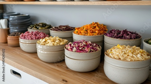 A variety of chopped vegetables in ceramic bowls are neatly arranged on a wooden counter, ready for meal preparation or serving.
