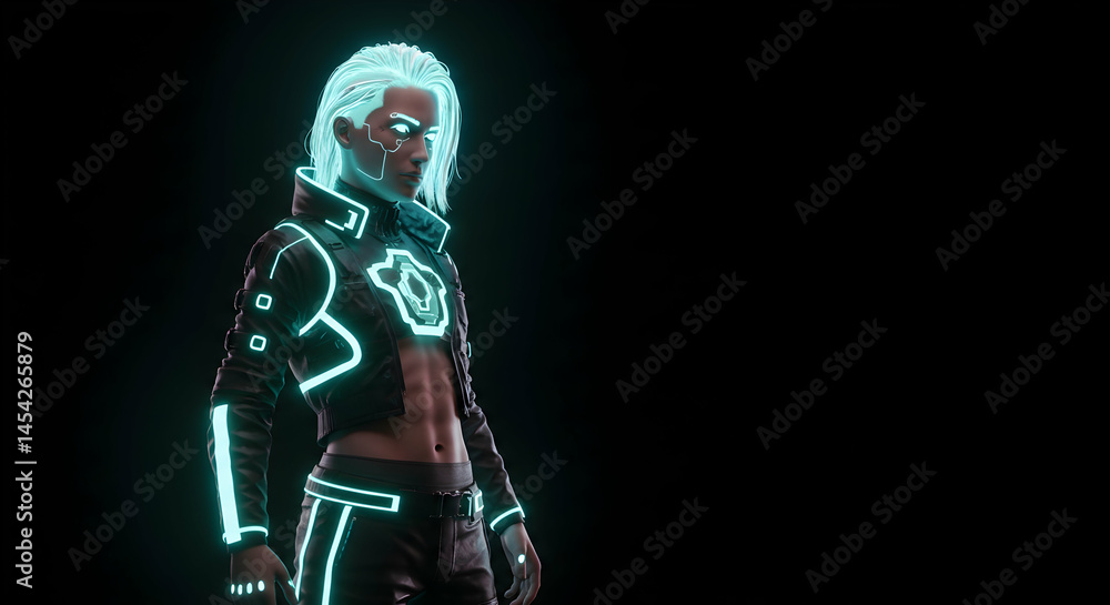 Futuristic Cyberpunk Character with Glowing Neon Accents in Dark Futuristic Cyberpunk Character with Glowing Neon Accents in Dark