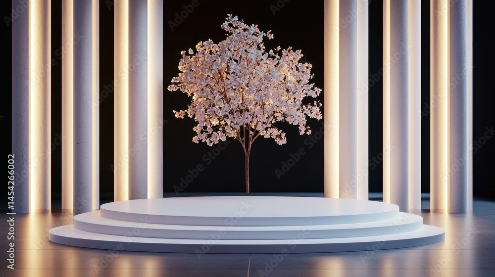 Elegant, minimalist podium display featuring a flowering tree.