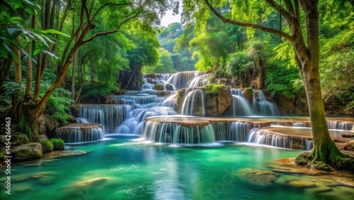 Emerald waterfalls cascade down a serene landscape amidst ancient trees and tropical greenery, creating a soothing atmosphere in Pak Khlong , greenery, landscape
